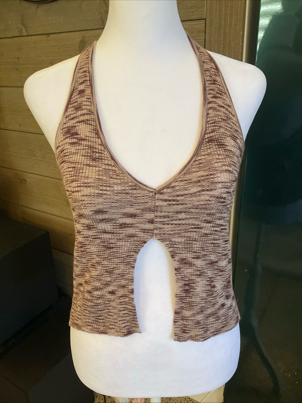 Garage Brown Heathered Knit Halter Crop Top